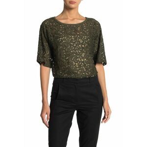Pleione Womens OLIVE Lace Scoop Neck Top Short Sleeve size S